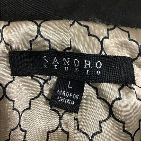 Sandro Studio Black Wrap Coat Double Breast Self Tie Belt Ruffle Hem Large - Picture 5 of 15